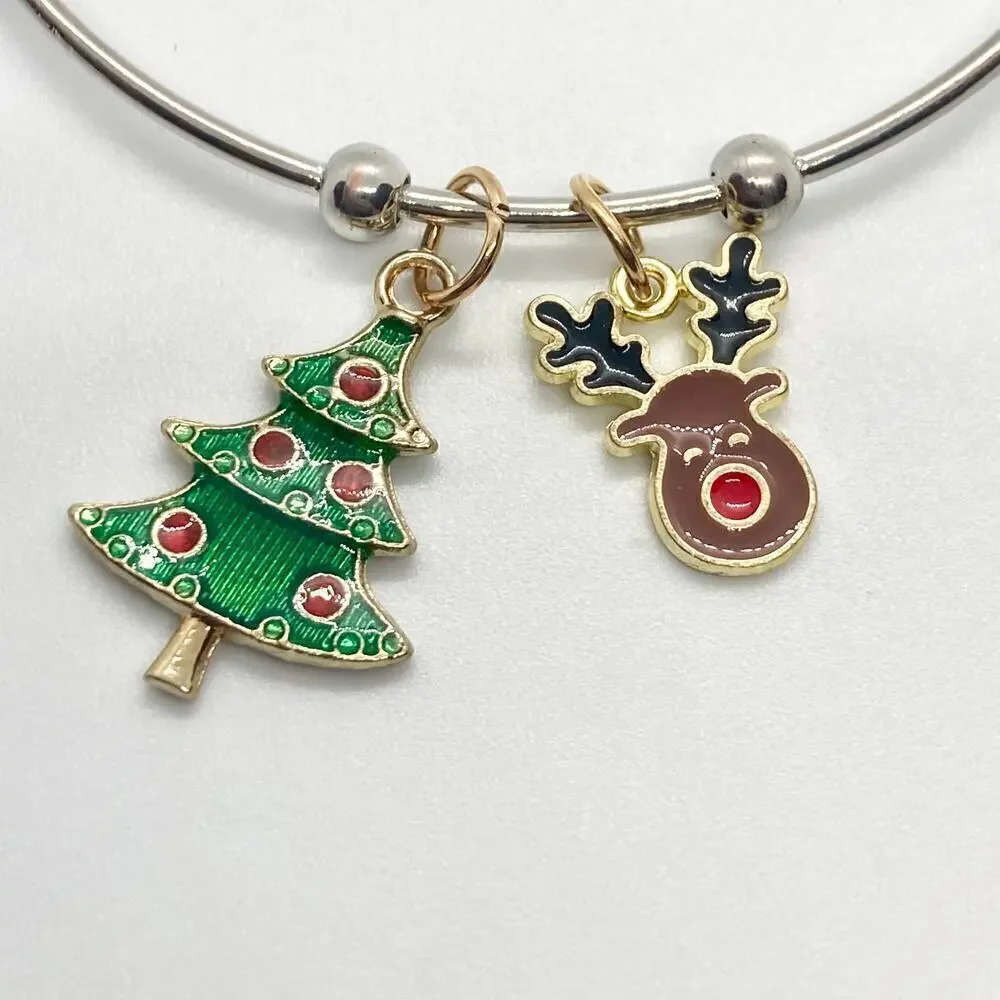 Rudolph the Red-Nosed Reindeer and Christmas Tree Bangle Charm Bracelet